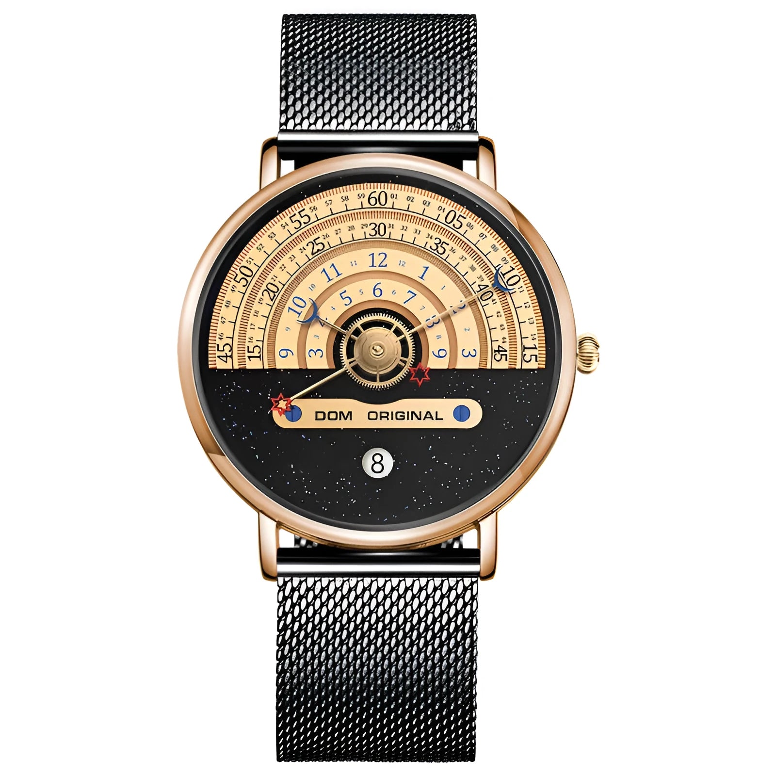 Men's round dial quartz watch with gold or silver alloy case and stainless steel or leather strap options