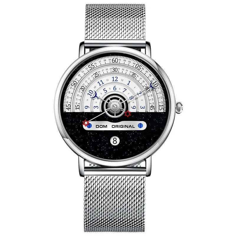 Men's round dial quartz watch with gold or silver alloy case and stainless steel or leather strap options