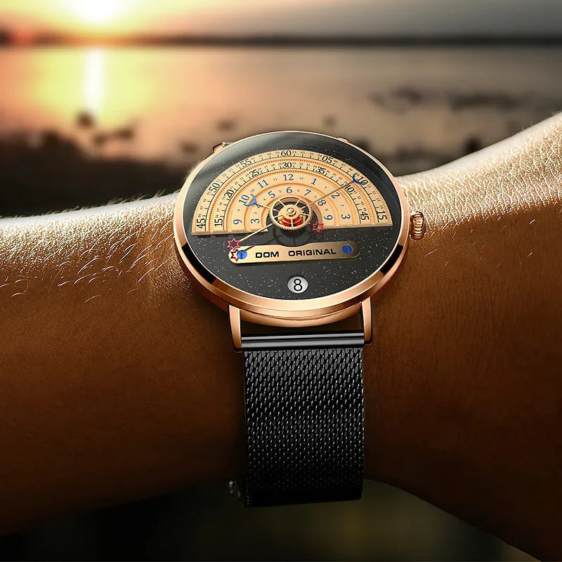 Men's round dial quartz watch with gold or silver alloy case and stainless steel or leather strap options