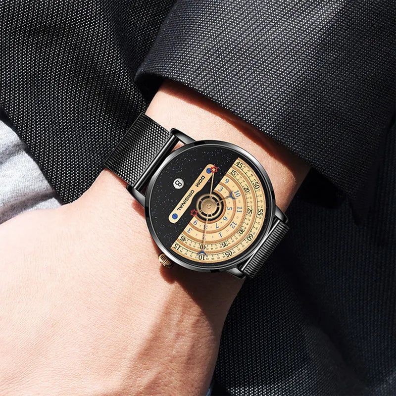 Men's round dial quartz watch with gold or silver alloy case and stainless steel or leather strap options