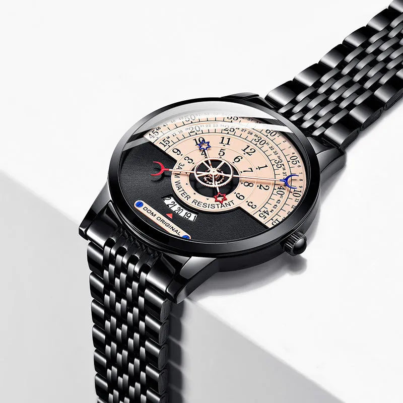 Men's round dial quartz watch with gold or silver alloy case and stainless steel or leather strap options