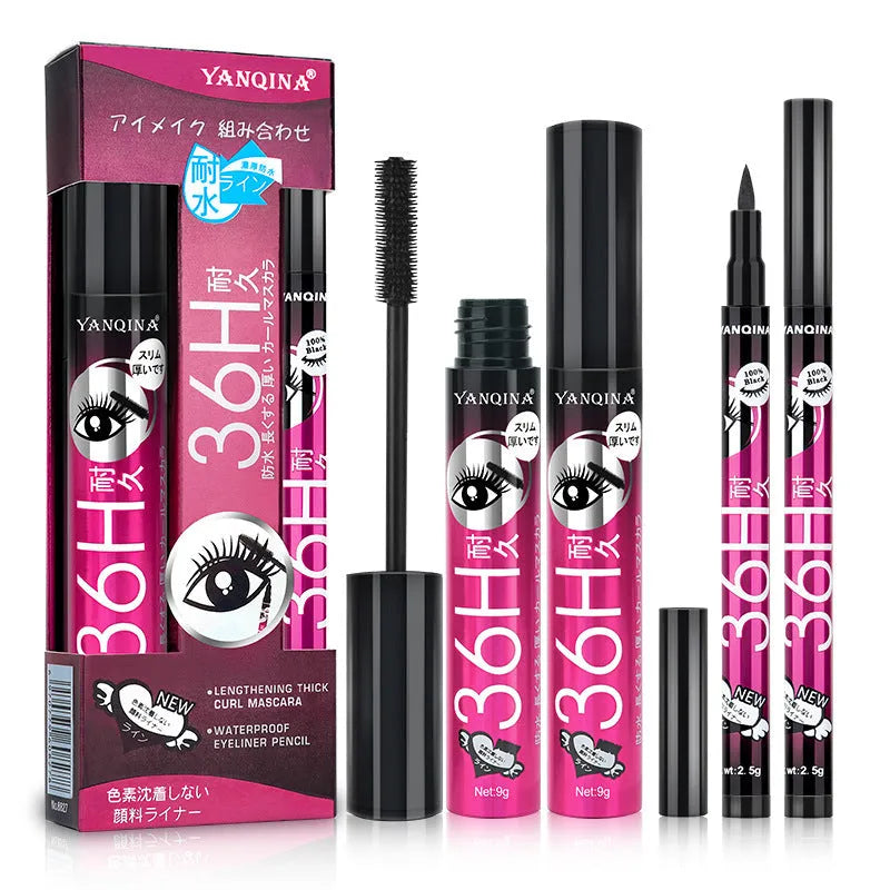 Eyeliner and mascara combo set in black with red blue and purple colour options packed together