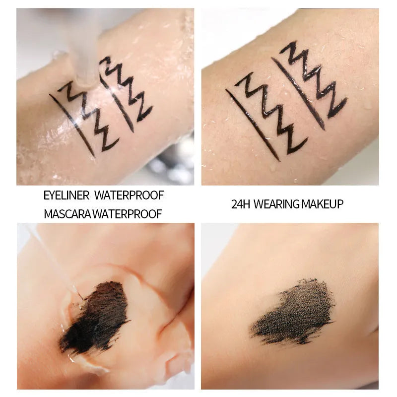 Eyeliner and mascara combo set in black with red blue and purple colour options packed together