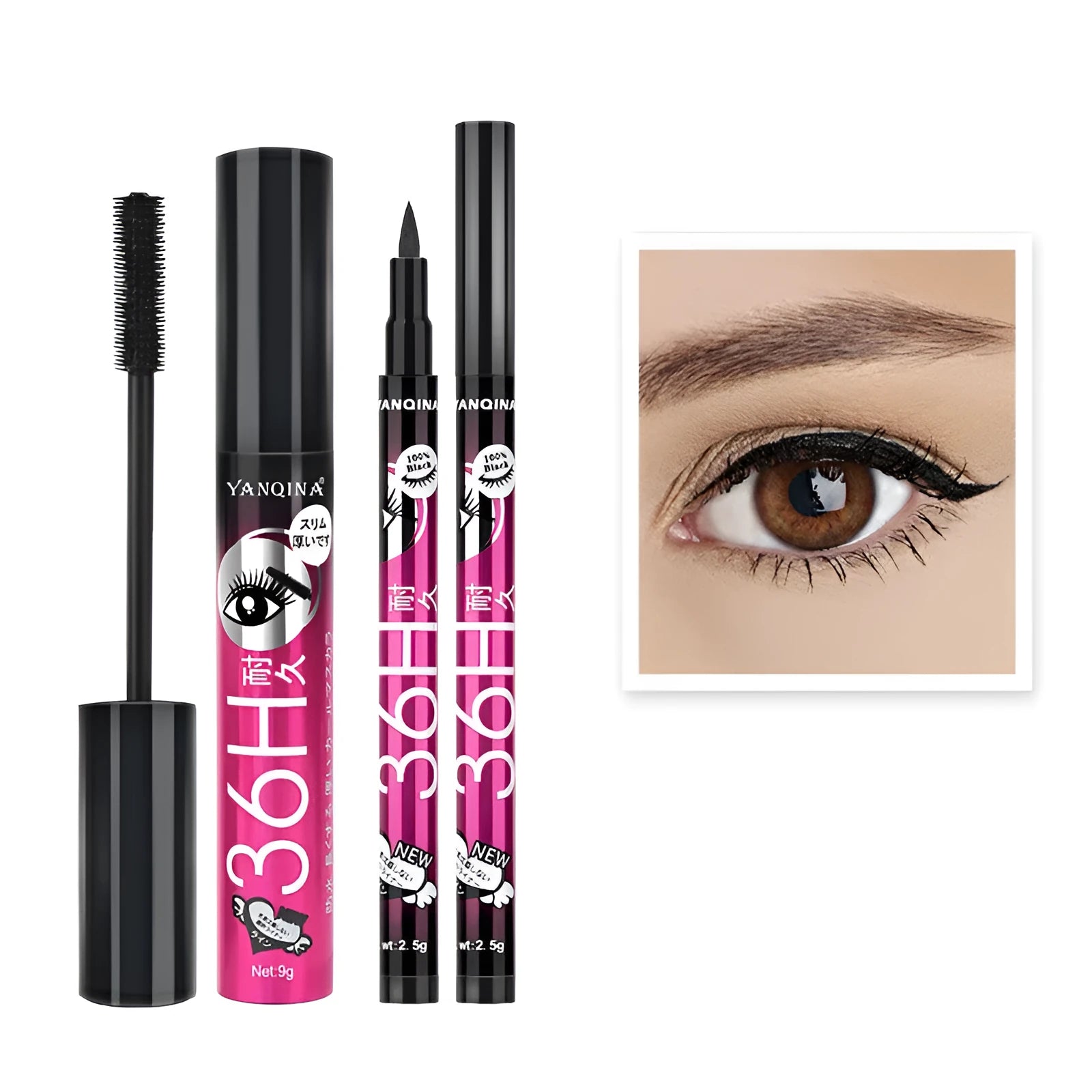 Eyeliner and mascara combo set in black with red blue and purple colour options packed together