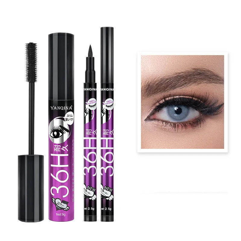 Eyeliner and mascara combo set in black with red blue and purple colour options packed together