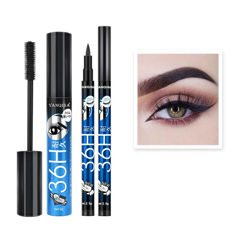 Eyeliner and mascara combo set in black with red blue and purple colour options packed together
