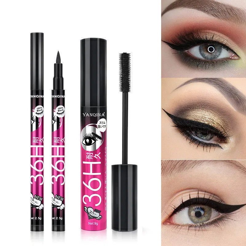 Eyeliner and mascara combo set in black with red blue and purple colour options packed together
