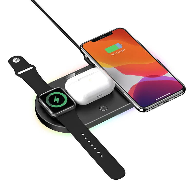 Black desktop wireless charger showing wireless charging pad and USB ports with LED indicators