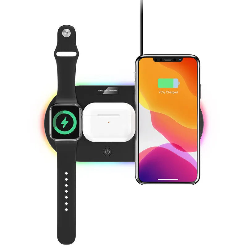 Black desktop wireless charger showing wireless charging pad and USB ports with LED indicators