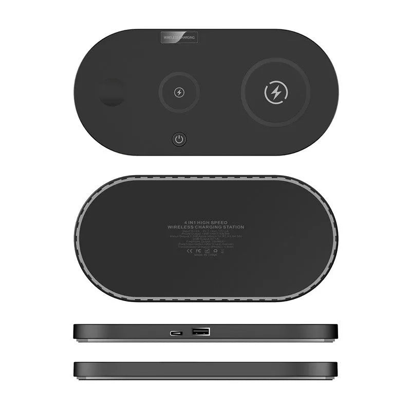 Black desktop wireless charger showing wireless charging pad and USB ports with LED indicators