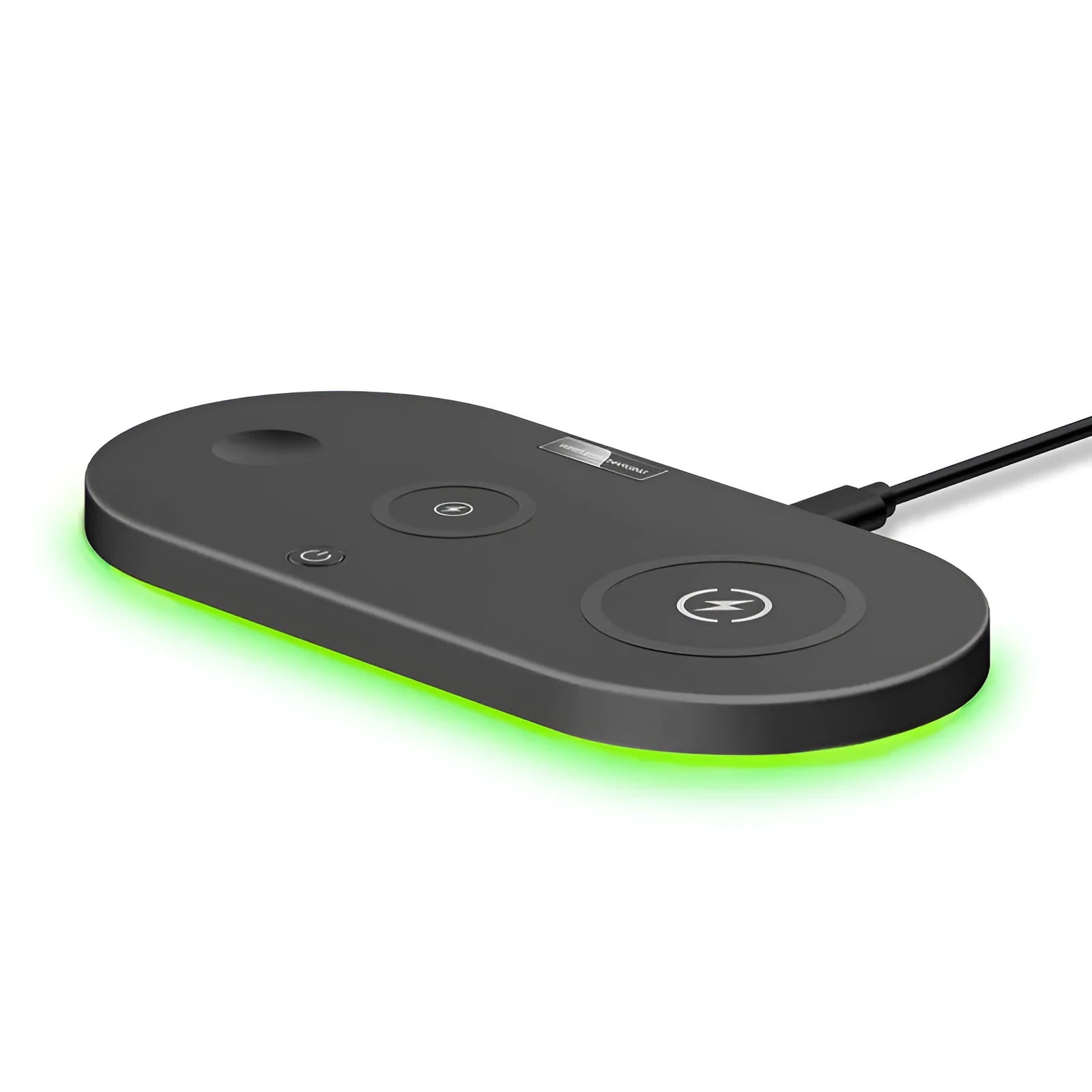 Black desktop wireless charger showing wireless charging pad and USB ports with LED indicators