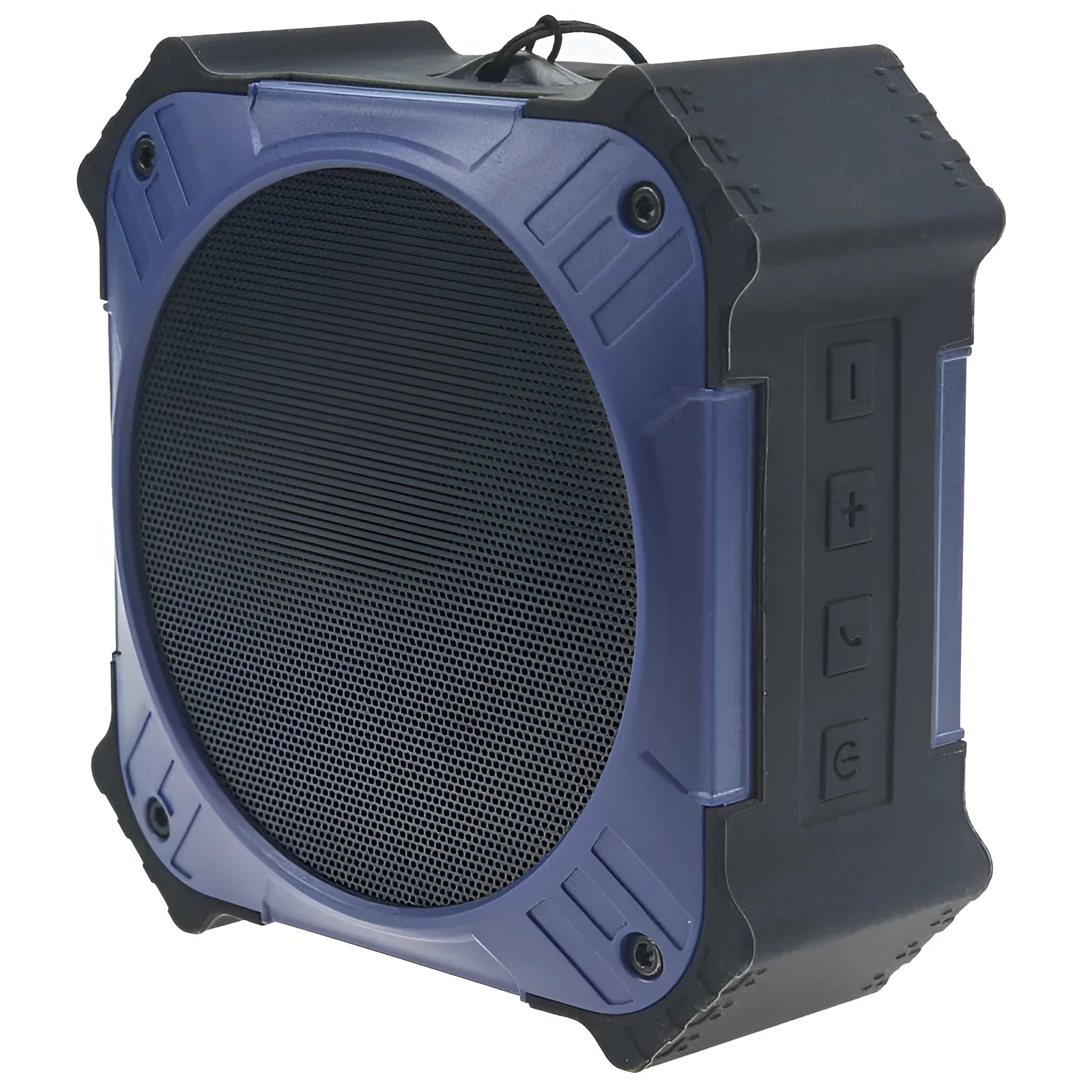 Black or blue waterproof portable Bluetooth speaker with wrist strap for outdoor use.