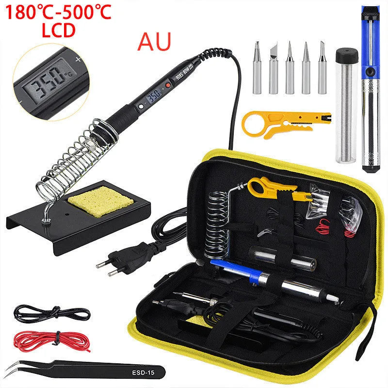 80W LCD adjustable temperature soldering iron kit with desoldering pump, five tips, stand, sponge, tweezers, wire stripper, and fabric case in black