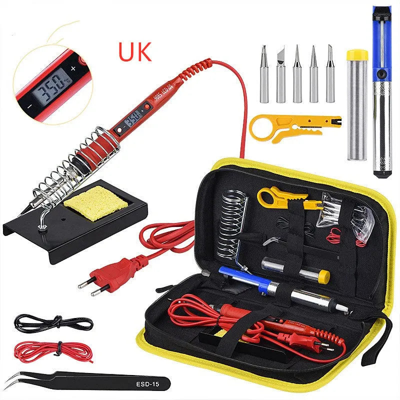 80W LCD adjustable temperature soldering iron kit with desoldering pump, five tips, stand, sponge, tweezers, wire stripper, and fabric case in black