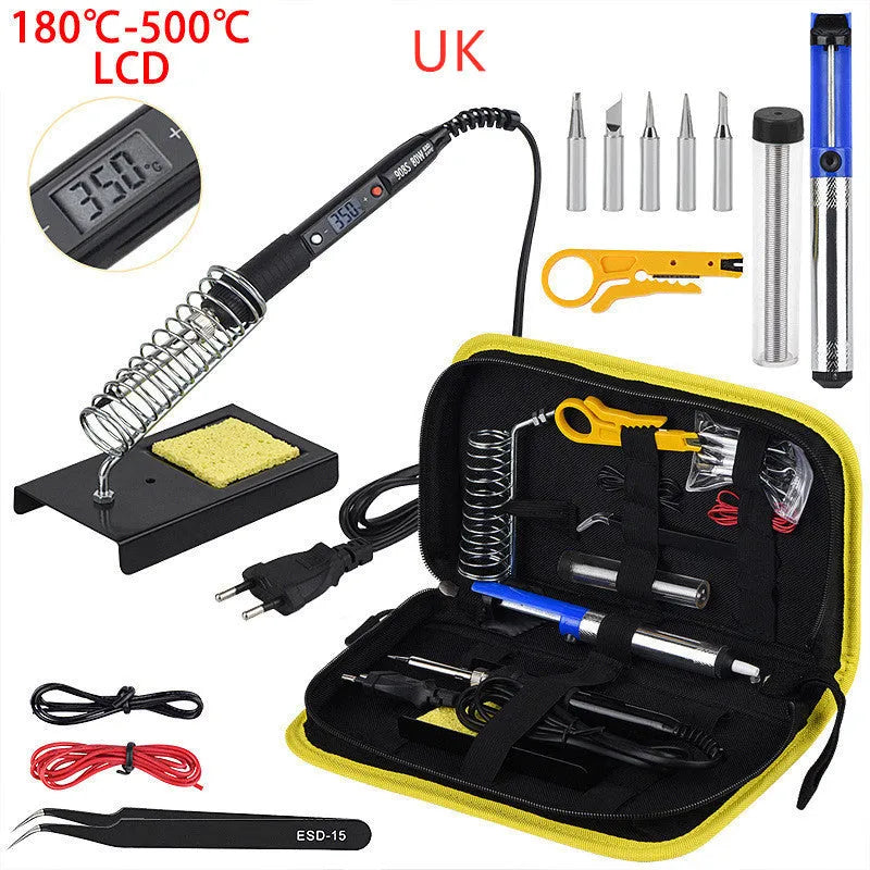 80W LCD adjustable temperature soldering iron kit with desoldering pump, five tips, stand, sponge, tweezers, wire stripper, and fabric case in black