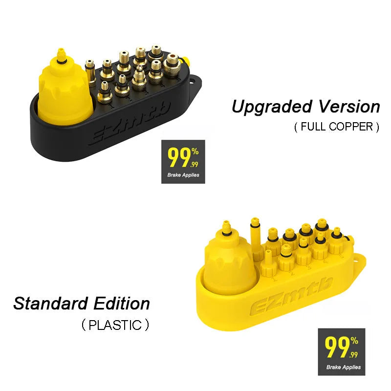 Yellow bicycle brake bleed kit with metal connector on a white background