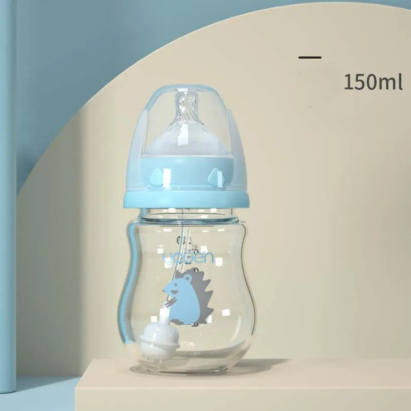 Anti-scalding silicone sleeve glass baby bottle in blue with wide caliber handle for infant feeding