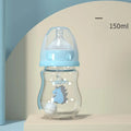 Anti-scalding silicone sleeve glass baby bottle in blue with wide caliber handle for infant feeding