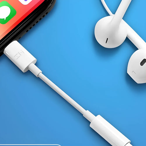 White lightning to 3.5mm audio adapter cable for iPhones showing three variant connectors