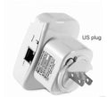 Black and white WiFi signal amplifier repeater with multiple plug types and a network cable.