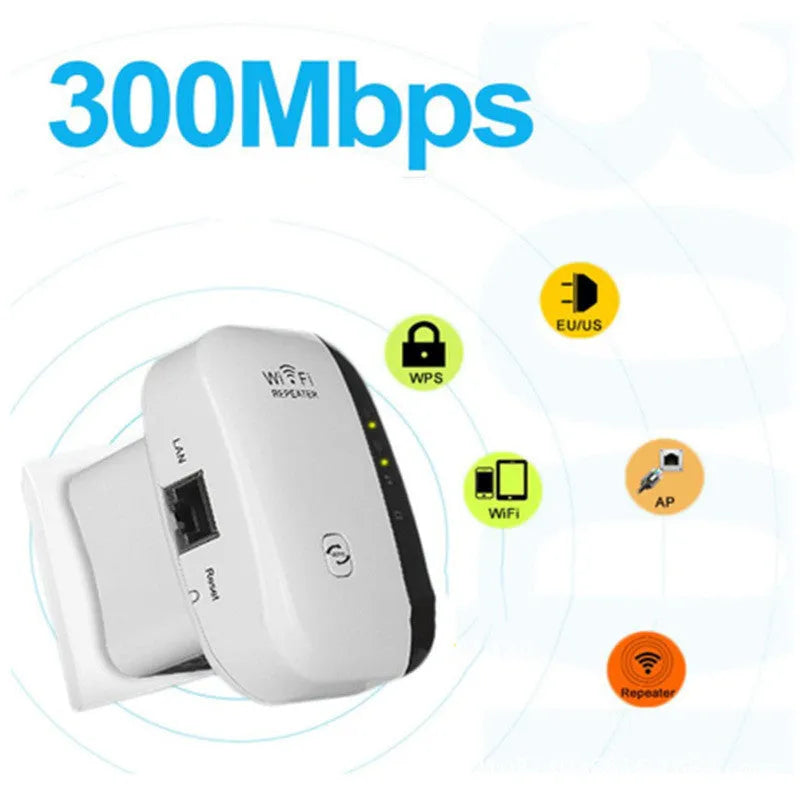 Black and white WiFi signal amplifier repeater with multiple plug types and a network cable.