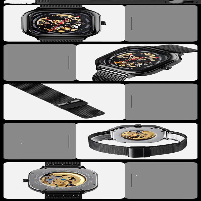 Hollow men's automatic mechanical watch with 41mm dial, black face, and see-through case back