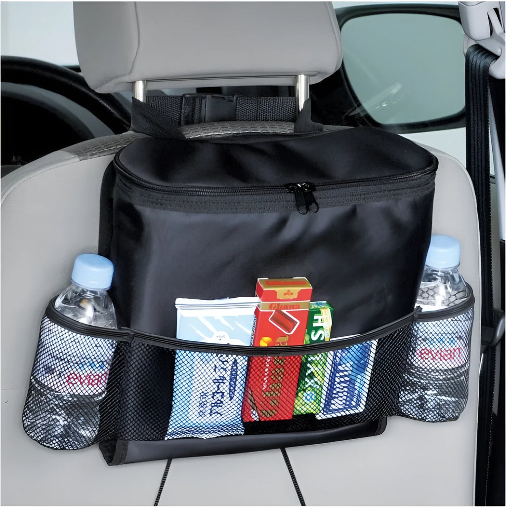 Black 600D Oxford cloth car trash storage bag with adjustable shoulder strap hanging on headrest