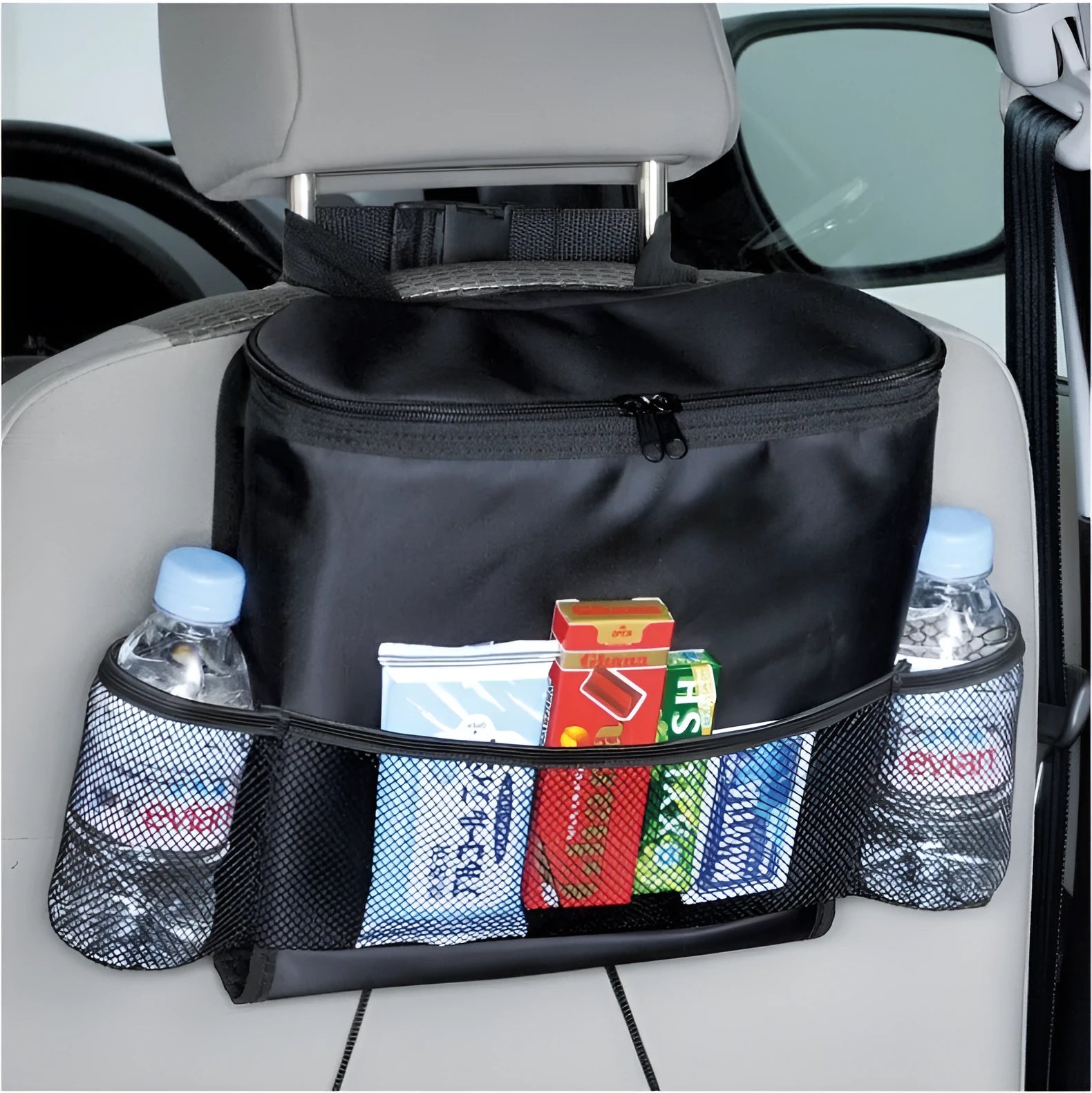 Black 600D Oxford cloth car trash storage bag with adjustable shoulder strap hanging on headrest