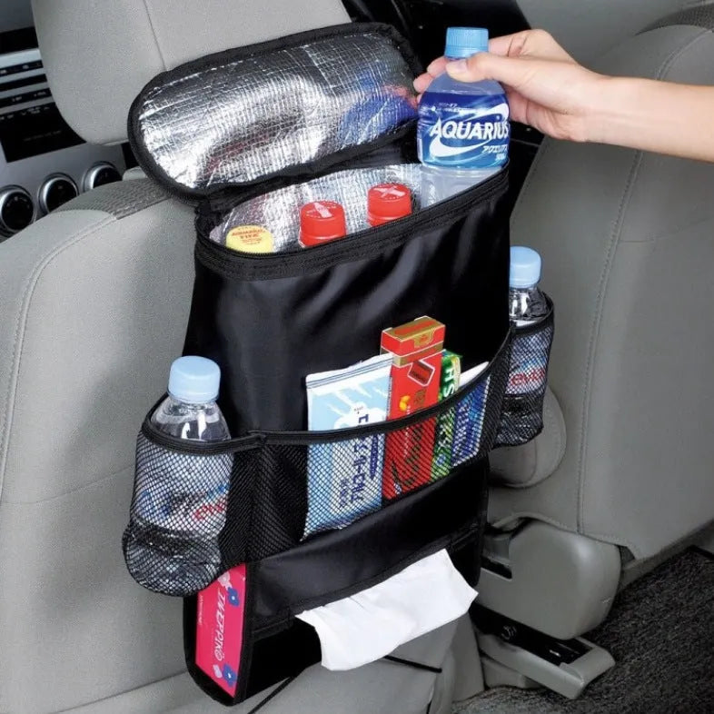 Black 600D Oxford cloth car trash storage bag with adjustable shoulder strap hanging on headrest