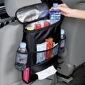 Black 600D Oxford cloth car trash storage bag with adjustable shoulder strap hanging on headrest