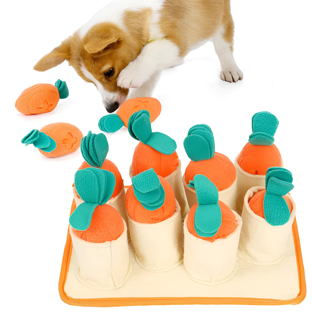 Pull radish puzzle dog toy in orange polar fleece and felt cloth for slow feeding and sniffing training