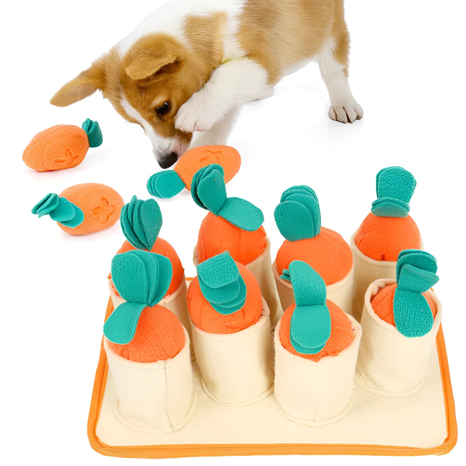 Pull radish puzzle dog toy in orange polar fleece and felt cloth for slow feeding and sniffing training