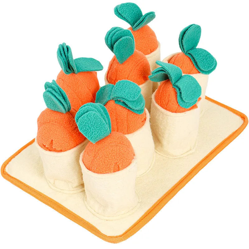 Pull radish puzzle dog toy in orange polar fleece and felt cloth for slow feeding and sniffing training