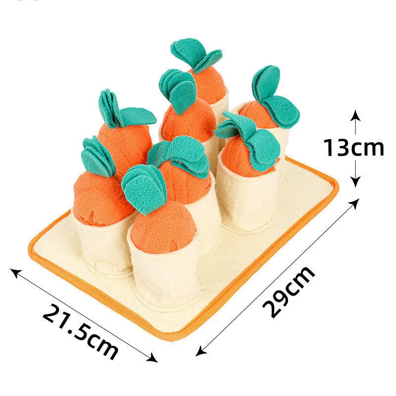 Pull radish puzzle dog toy in orange polar fleece and felt cloth for slow feeding and sniffing training