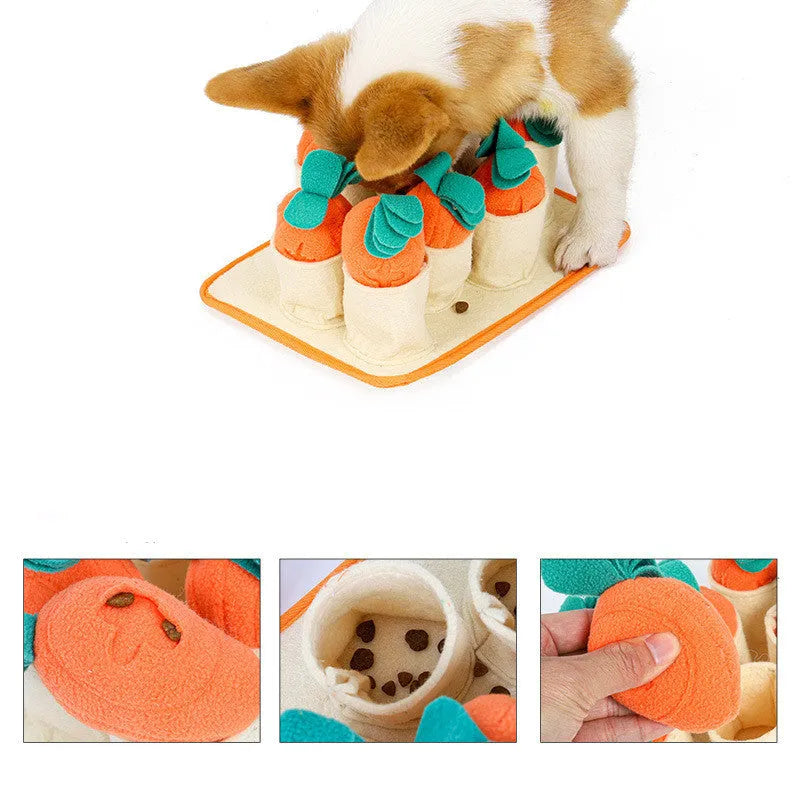 Pull radish puzzle dog toy in orange polar fleece and felt cloth for slow feeding and sniffing training