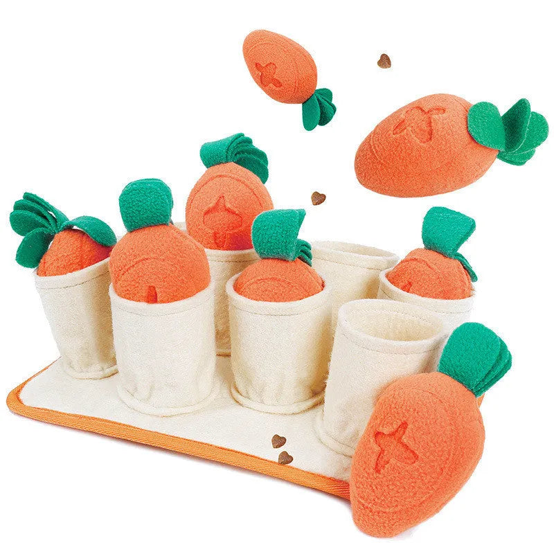 Pull radish puzzle dog toy in orange polar fleece and felt cloth for slow feeding and sniffing training