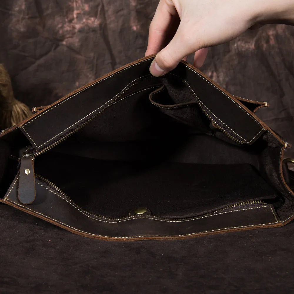 Men's first layer crazy horse leather handbag in dark brown, 36cm x 9cm x 27cm shoulder messenger bag