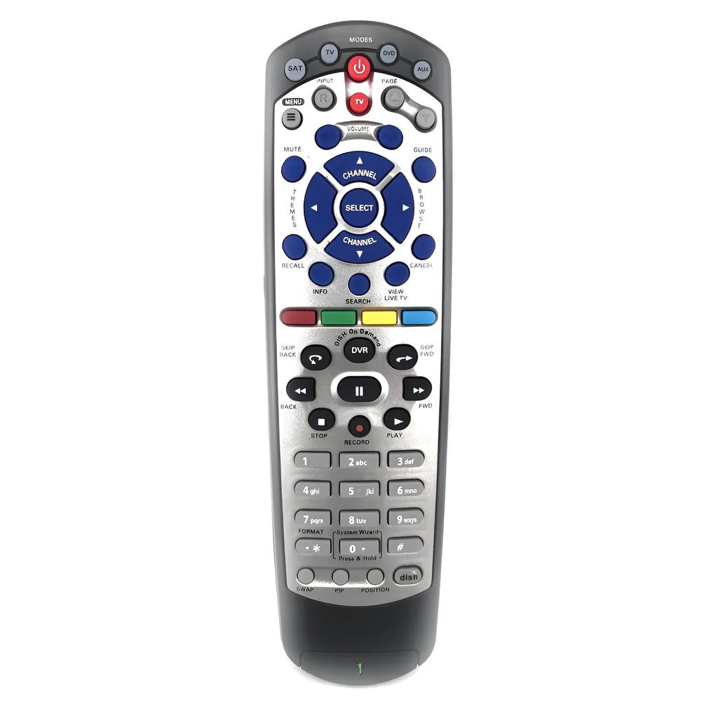 Black universal remote control for DISH Network satellite TV BOX Flat 20.1 model.