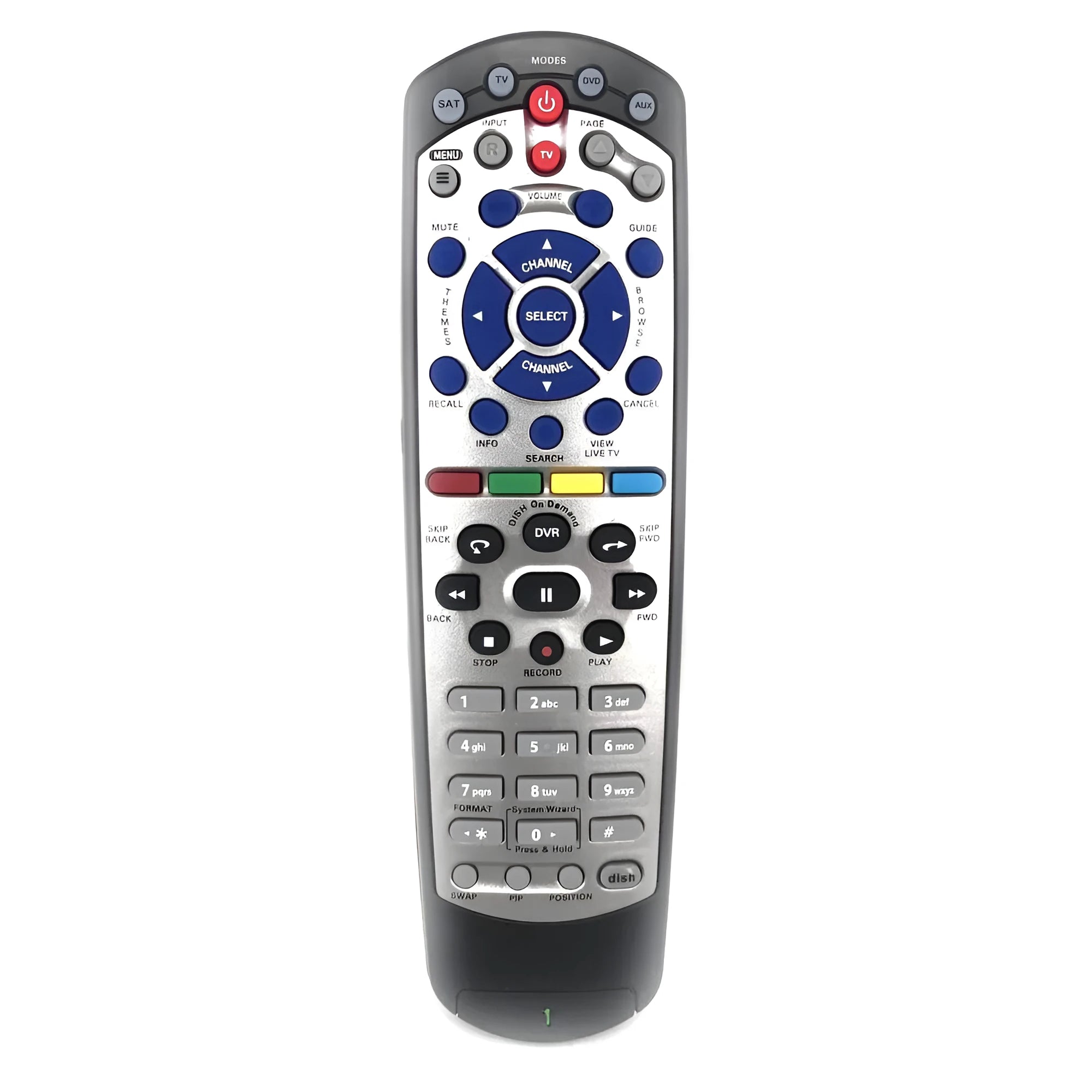 Black universal remote control for DISH Network satellite TV BOX Flat 20.1 model.