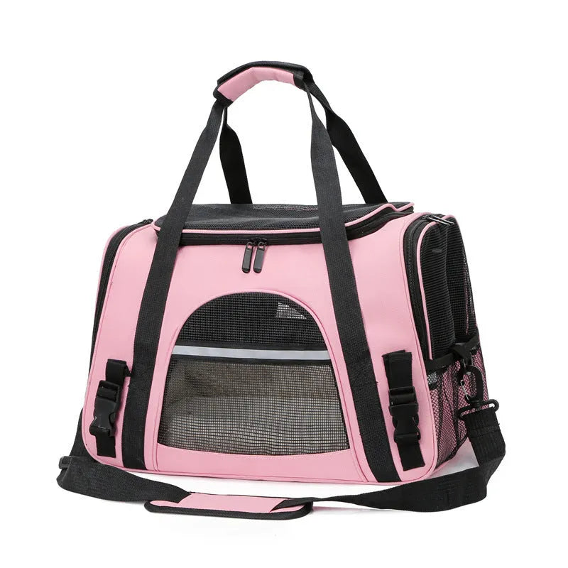 Portable outdoor pet carrier bag in Oxford cloth with side zipper openings, for cats and dogs under 10 kg