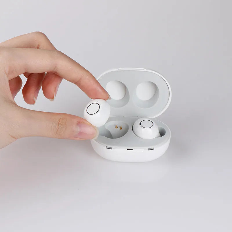 Yellow sound rechargeable hearing aid headset with plastic body, active noise reduction, and on-ear charging