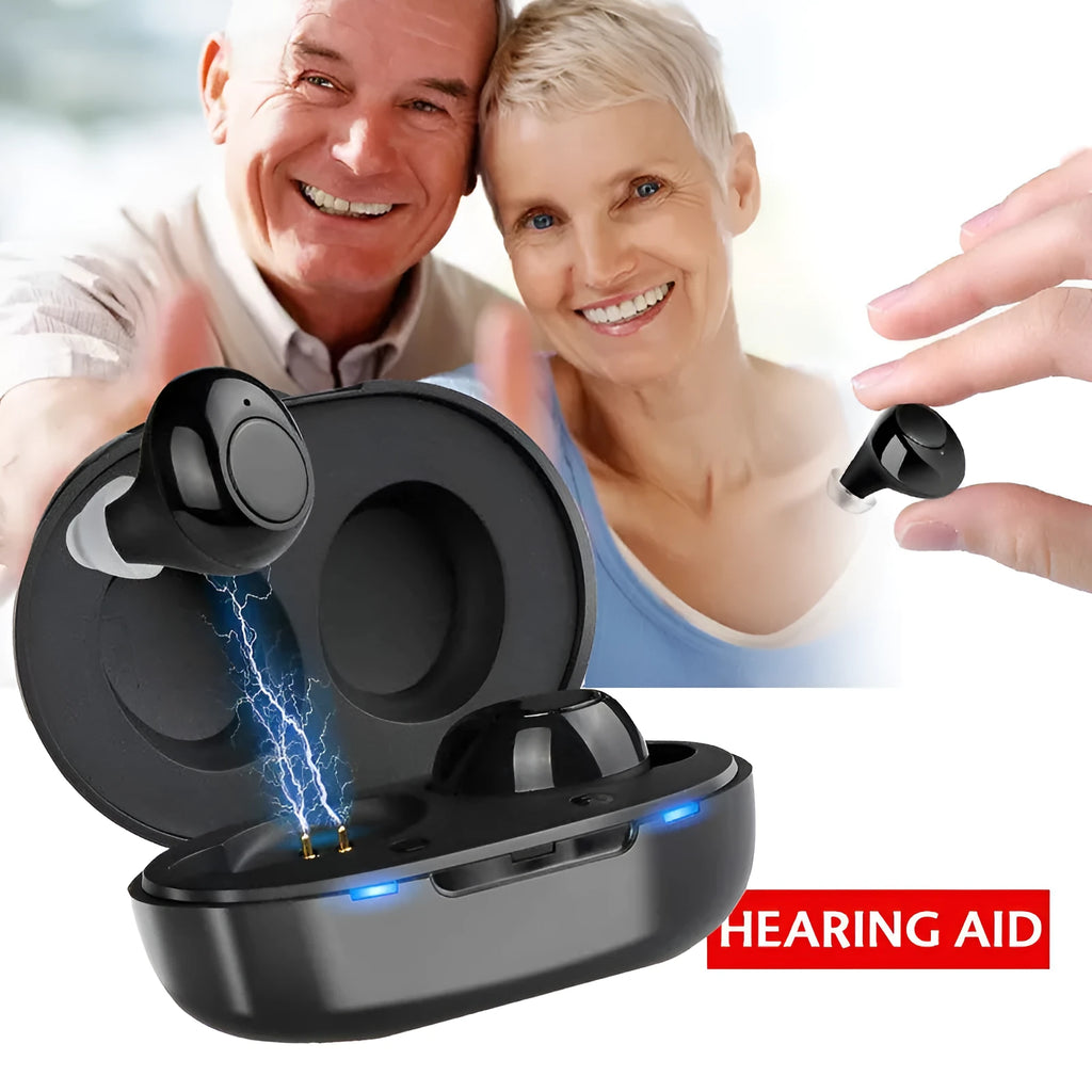 Yellow sound rechargeable hearing aid headset with plastic body, active noise reduction, and on-ear charging