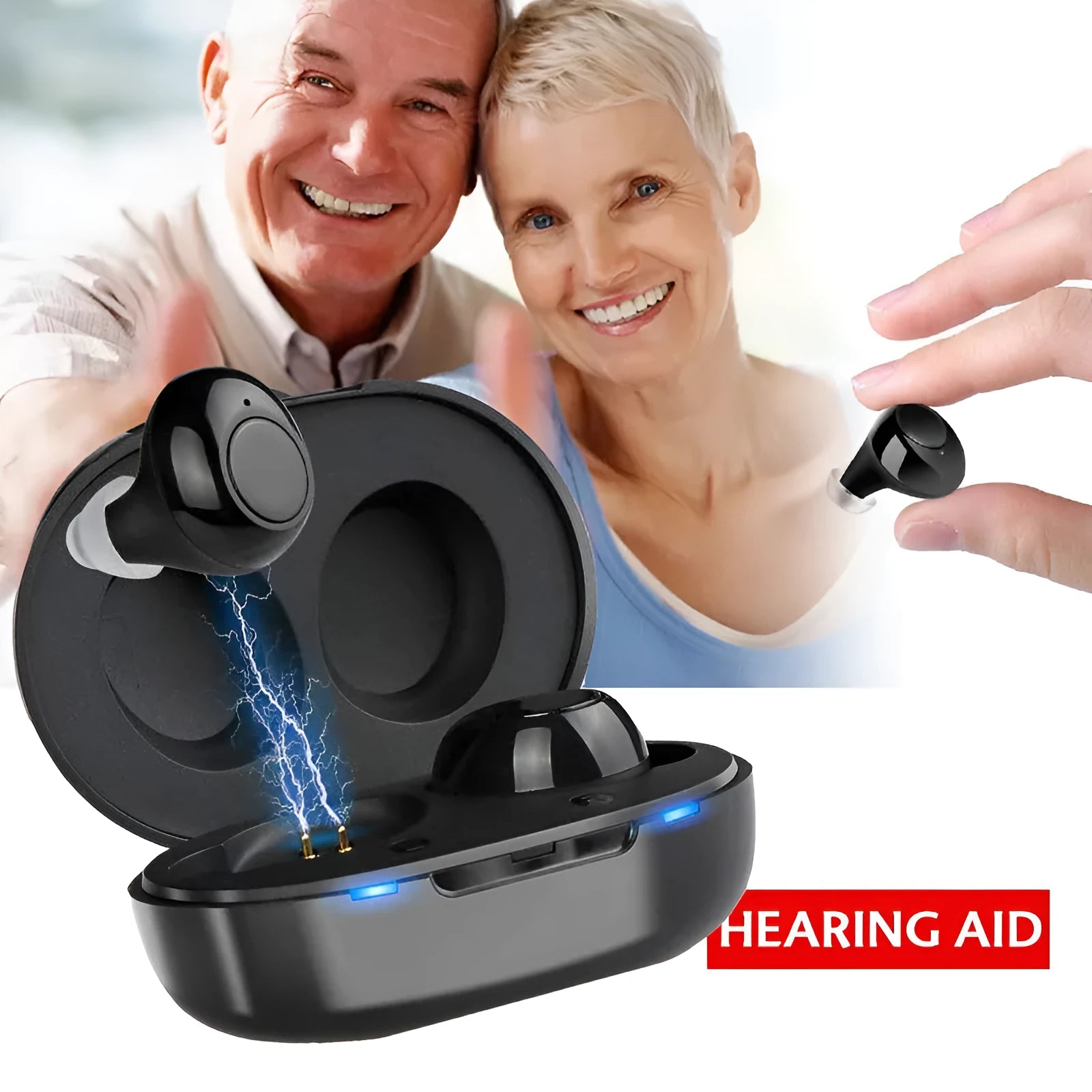 Yellow sound rechargeable hearing aid headset with plastic body, active noise reduction, and on-ear charging