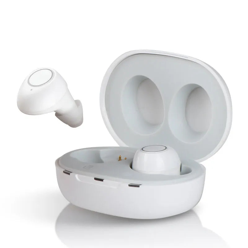 Yellow sound rechargeable hearing aid headset with plastic body, active noise reduction, and on-ear charging