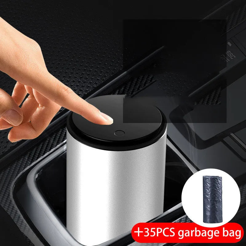 Mini aluminium alloy car trash can in Charm Silver with 35 garbage bags
