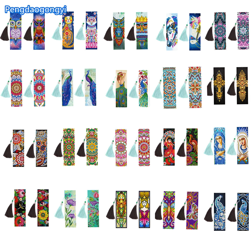 5D diamond painting DIY bookmark kit with pendant charm on 6x21 cm PU canvas.