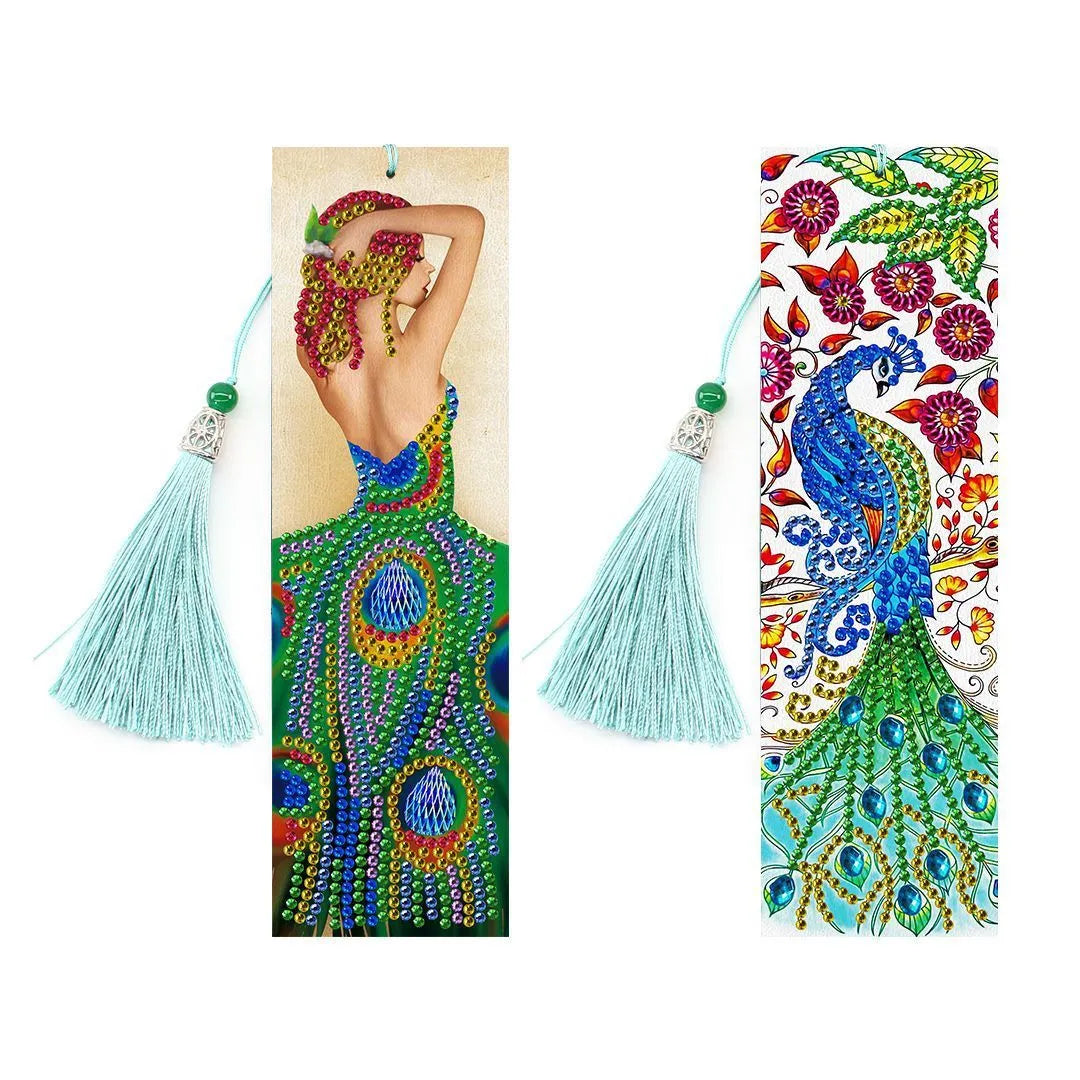 5D diamond painting DIY bookmark kit with pendant charm on 6x21 cm PU canvas.