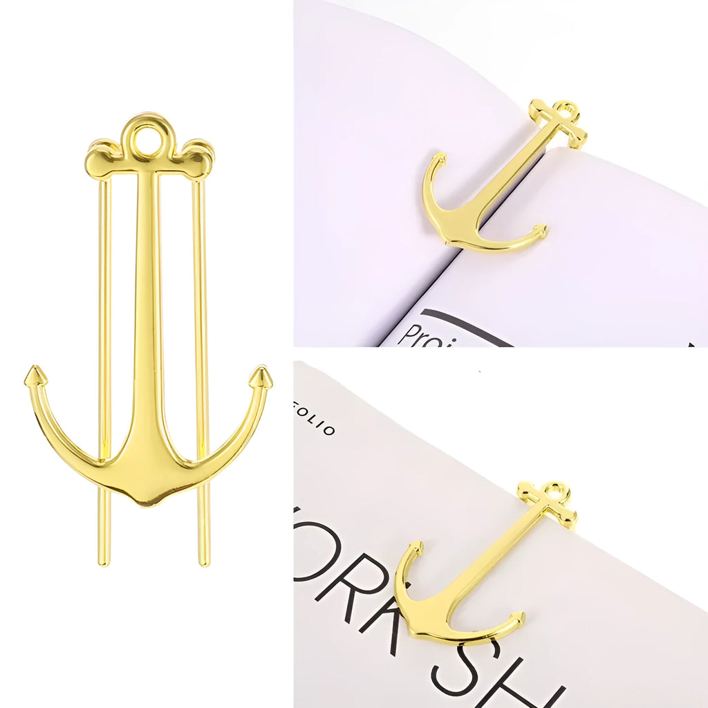 Creative metal bookmark page folder in rose gold colour against an open book