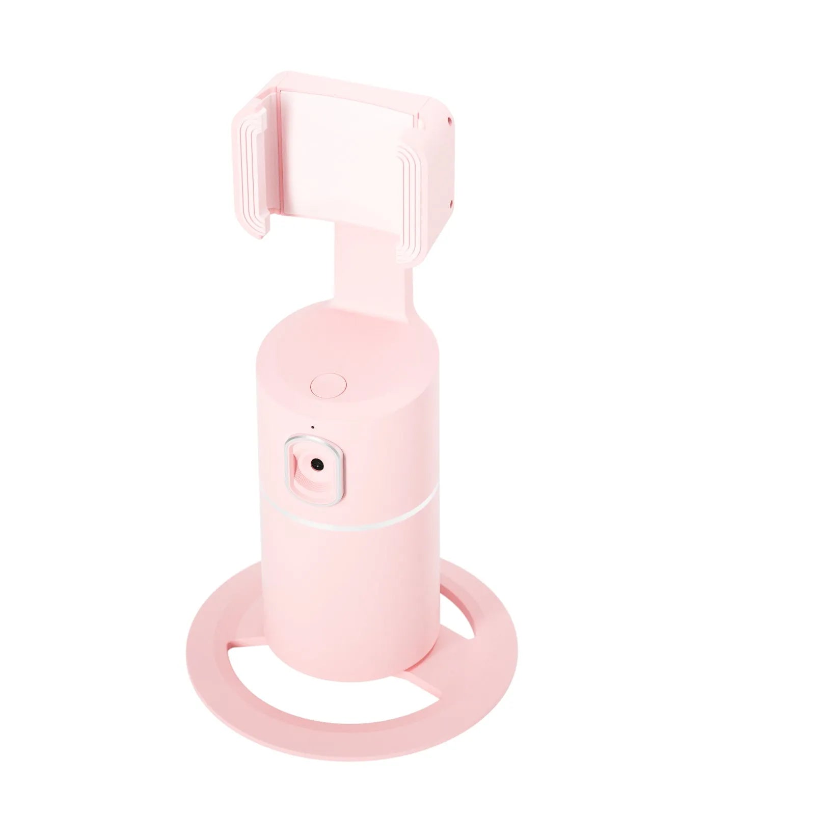 Smartphone attached to a black tracking gimbal stabiliser showing rotational movement.