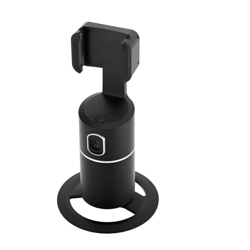 Smartphone attached to a black tracking gimbal stabiliser showing rotational movement.